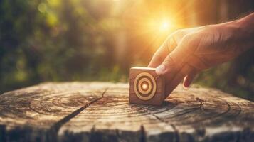 A person holding a wooden cube on a stump photo