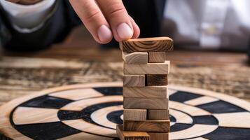 A person is placing wooden blocks on a board photo