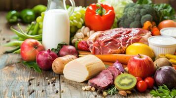 A variety of fruits and vegetables are arranged on a wooden table photo