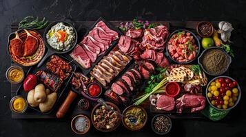 A large platter of meat and vegetables on a black table photo