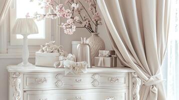 A white dresser with a vase of flowers photo
