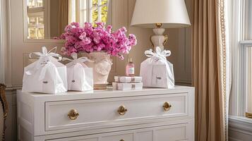 A white dresser with a vase of flowers and a vase of flowers photo