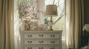 A white dresser with a lamp and flowers photo