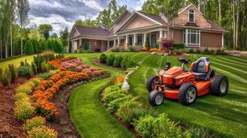 A lawn mower is parked in front of a house photo