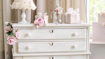 A white dresser with pink flowers on it photo