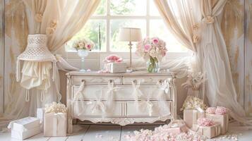 A room with a dresser, flowers and a window photo