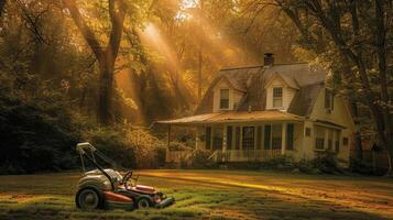 A lawn mower is parked in front of a house photo