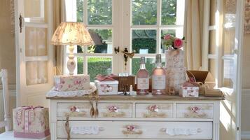 A white dresser with pink and white decorations photo