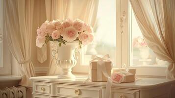 A vase with pink roses sitting on a table next to a window photo