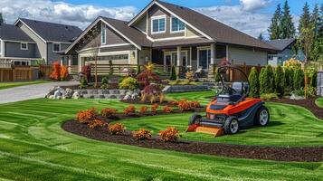 A lawn mower is in the middle of a lawn photo