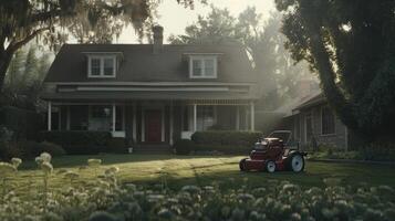 A red lawn mower sits in front of a house photo