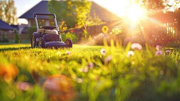 A lawn mower is in the middle of a grassy field photo