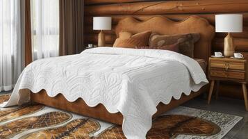 A bedroom with a bed, nightstands and a rug photo