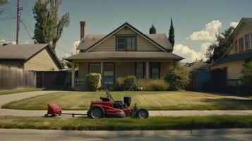 A lawn mower sits in front of a house photo