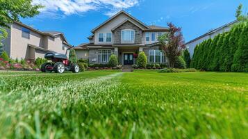 A lawn mower is in front of a house photo