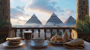 A table with breakfast and coffee on it in front of the pyramids photo