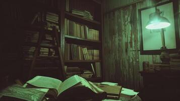 A book is open on a table in a dark room photo