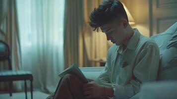 A man sitting on a couch reading a book photo