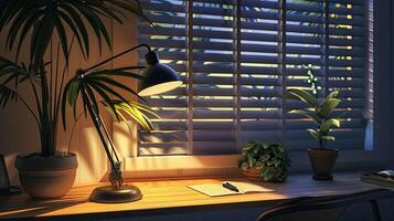 A desk with a lamp and a plant on it photo