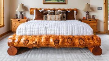 A bed with a wooden headboard photo