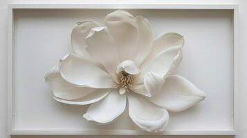 A white flower is displayed in a white frame photo