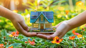 Two hands holding a miniature house with solar panels on it photo
