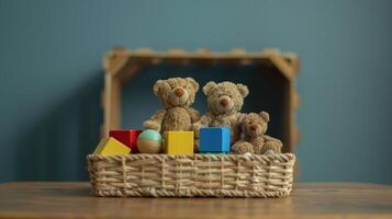Teddy bears in a basket on a table photo