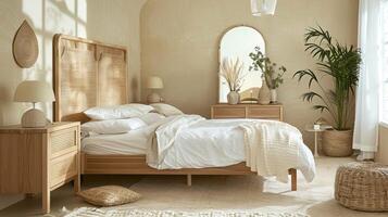 A bedroom with a bed, a mirror and a rug photo