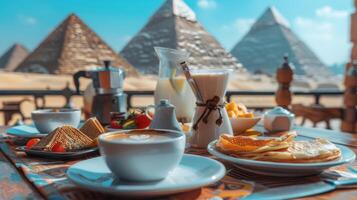 Breakfast in egypt with the pyramids in the background photo
