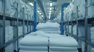 A large room with white sheets on the shelves photo