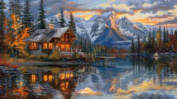 A painting of a cabin on the lake with mountains in the background photo