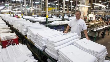 A worker at a factory in china sorting white shirts photo