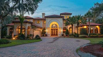 A beautiful home with a driveway and palm trees photo