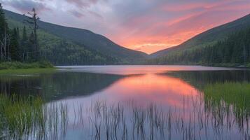 A beautiful sunset over a lake surrounded by trees photo