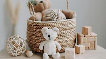 A basket with toys and a teddy bear photo