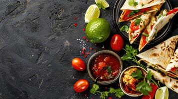 Mexican food with tortillas, salsa and tomatoes photo