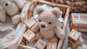 A teddy bear sits in a basket with wooden blocks photo