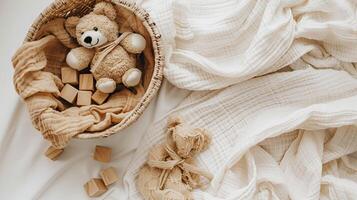 A basket with a teddy bear and wooden blocks photo