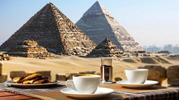 A table with two cups of coffee and a plate of cookies photo