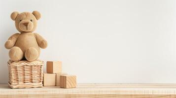 A teddy bear sitting on top of a wooden box photo
