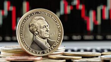 A coin with a portrait of james kennedy is sitting on top of a stack of photo