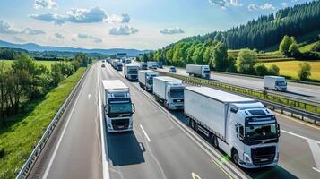 Trucks traveling on a highway with green grass and trees photo