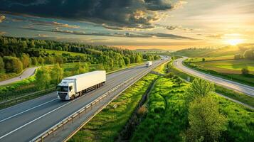 Truck driving on highway at sunset photo