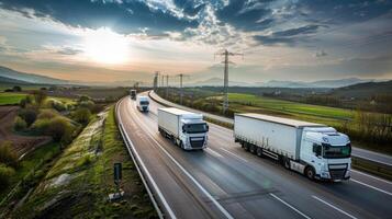 Two trucks traveling down a highway at sunset photo