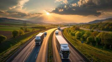 Trucks traveling on a highway at sunset photo