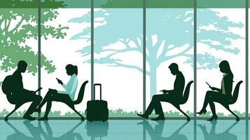 People sitting in chairs in front of large windows photo
