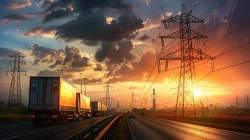 A truck driving down a highway with power lines in the background photo