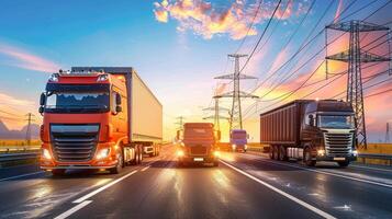 Trucks driving on a highway at sunset photo