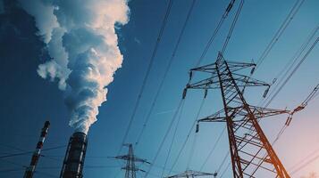 Electricity pylons and smoke stacks photo