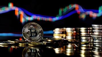 Bitcoin and coins on a table with stock market background photo